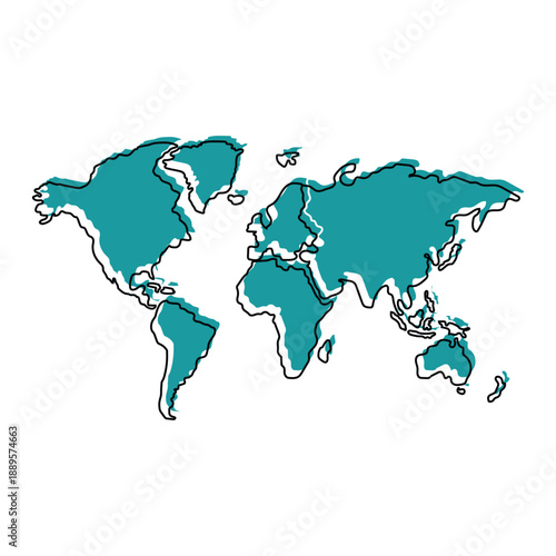 Stylized teal world map with black outlines on a white background, depicting continents and global geography.