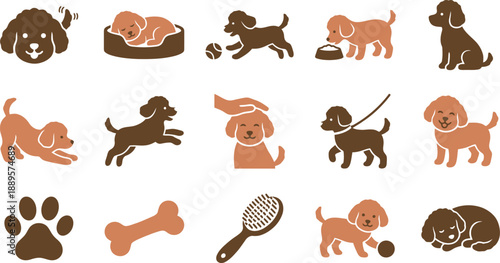 Adorable Puppy Life and Pet Care Vector Icons Set – Cute Canine Activities and Accessories Illustrations Collection