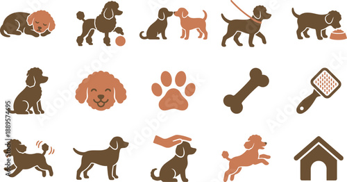 Charming Canine Companion Vector Icon Pack Adorable Poodle Dogs and Essential Pet Care Elements for Modern Design and Graphics Projects
