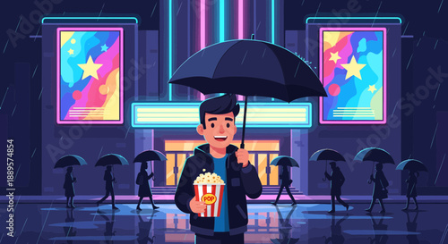 Young man with umbrella and popcorn standing outside cinema