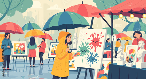 Artist painting outdoors on a rainy day with vibrant colors