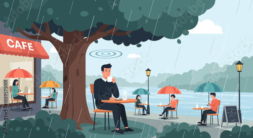 Man Sitting Under Tree on Rainy Day by Lake