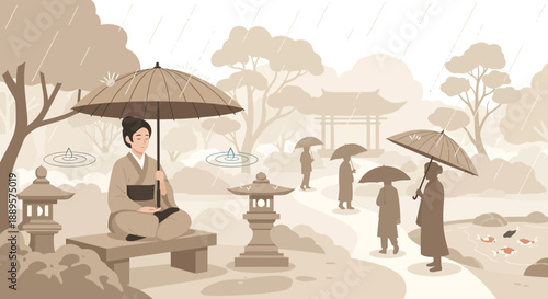 Man Sitting Under Umbrella in Japanese Garden on Rainy Day