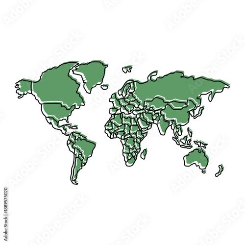 Hand-drawn style world map showing all continents and individual countries in green.