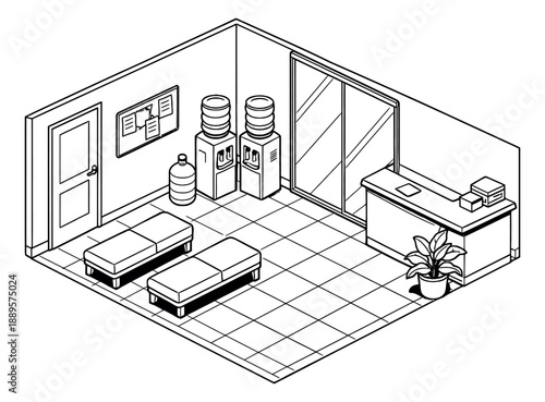 Isometric line art illustration of a waiting room depicting a reception area with furniture for business environments