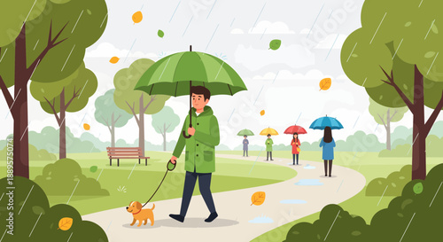 Man walking dog on rainy day in park with umbrella