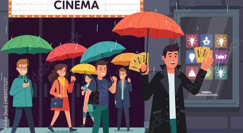 People walking in the rain to the cinema at night