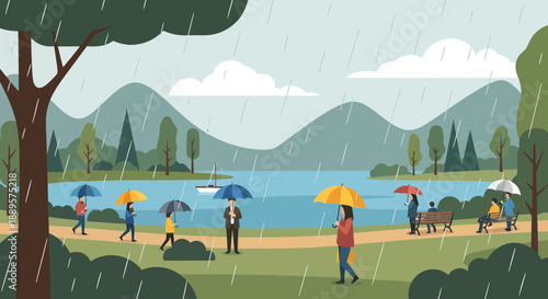 People Walking in Rain with Umbrellas by Lake