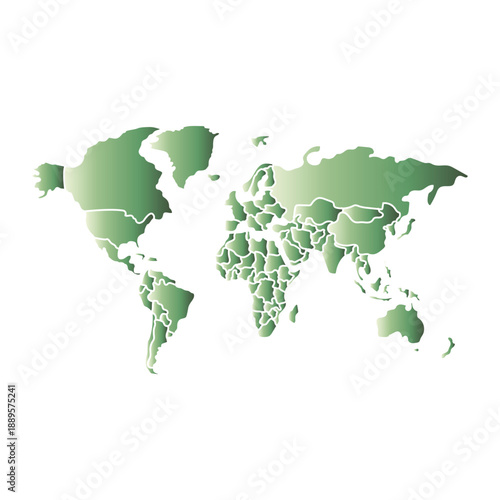 Stylized green gradient world map with outlined countries on a white background, representing global geography and international relations.