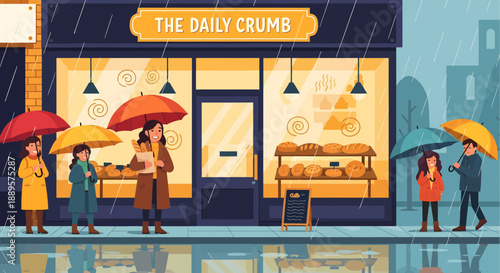 People walking on rainy street with bakery storefront