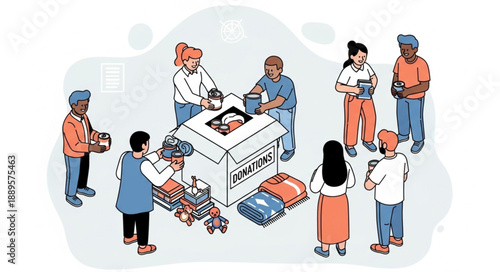 Diverse group of people packing donations into a large cardboard box.