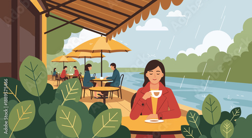 Woman enjoying coffee at outdoor riverside cafe on rainy day