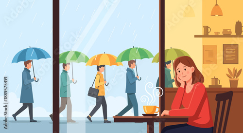 Woman enjoying coffee while watching rainy city scene