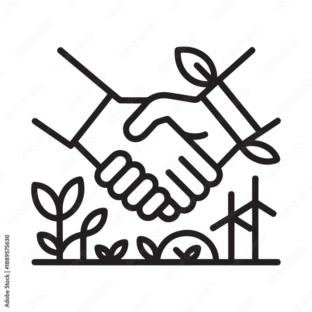 Obraz premium Handshake with sprouting plant symbolizes environmental agreement and sustainable growth