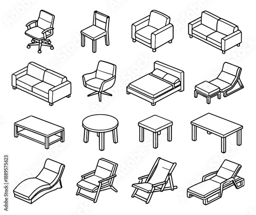 Isometric hand drawn line art furniture set featuring chairs, tables, sofas, and beds for home decor and interior design