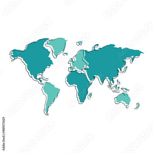Distressed vector world map with unique colours illustrating global geography and continents. Ideal digital infographic for UI/UX data
