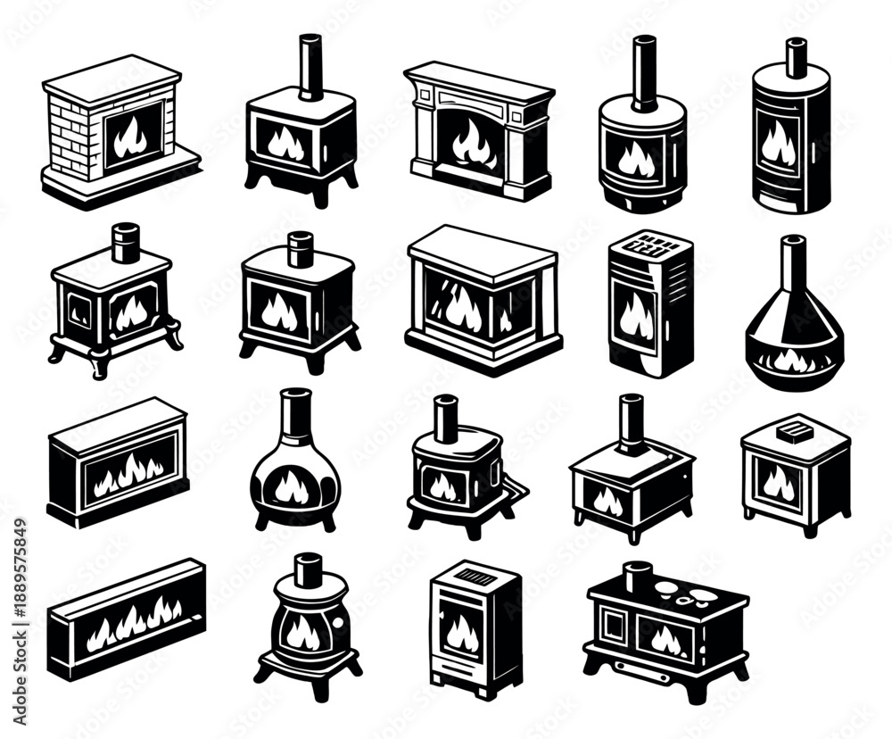 Fototapeta premium Isometric hand drawn line art fireplace and stove set featuring various designs for home heating and interior design