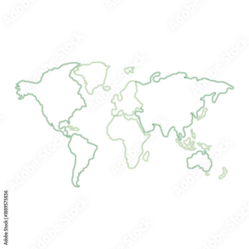 Minimalist green outline of the world map on a white background, depicting continents and global geography.