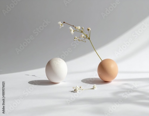 Simple Elegance of Eggs and Delicate Flowers in Natural Light