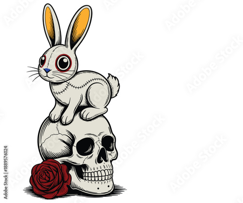 White stitched rabbit sits on a human skull with a red rose bunny bone.