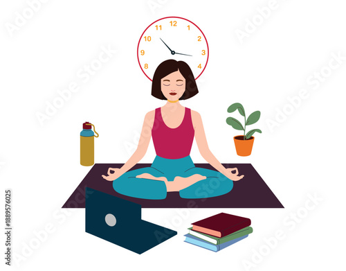 Woman meditating on yoga mat near laptop and books with clock overhead meditation.