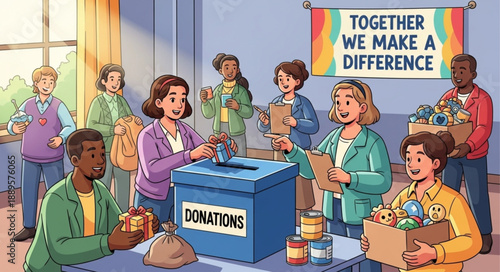 Diverse group of people donating items and money for charity.