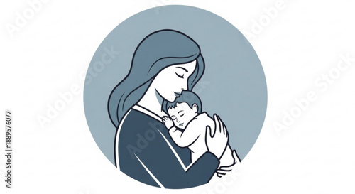 Mother tenderly holding and nursing newborn baby in her arms conveying love and care in a simple line art style