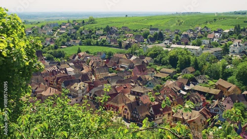 Historic old French city view with dense rooftops and greenery near Ribeauville, France