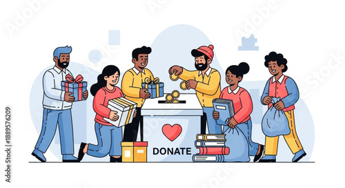 Diverse group of people donating items to a charity collection box.