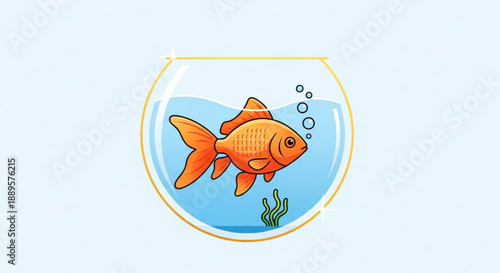 Vibrant orange goldfish swimming in clear water inside a fishbowl with green aquatic plants on a light blue background