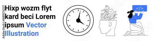 Time management, innovation, software development, productivity, creativity, coding. Features a clock, a head with plants and a person holding a coding symbol. Time management and innovation concept