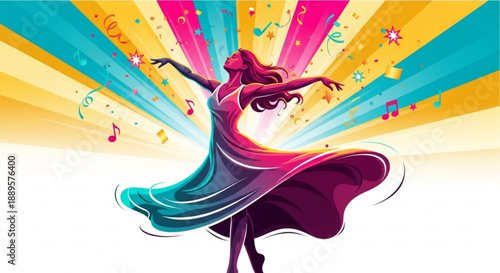 Woman dancing with colorful dress and music notes around her in vibrant rays of light