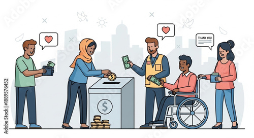Diverse group of people donating money and helping others in community.