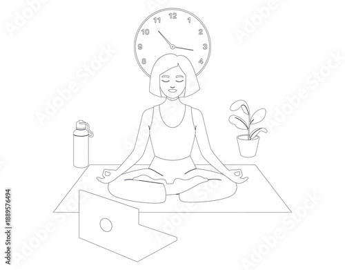 Line art woman meditating on yoga mat with laptop water bottle and potted plant meditation.