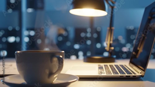 Steaming coffee cup laptop desk lamp night city lights productivity