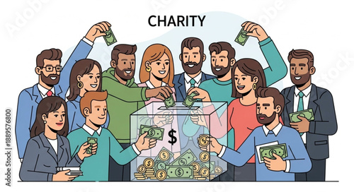 Diverse Group of People Donating Money to Charity.