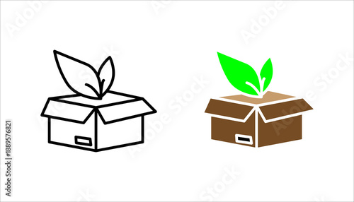 Outline icon of a box with leaves growing out, representing eco-friendly product, sustainable packaging, organic goods, and green business.