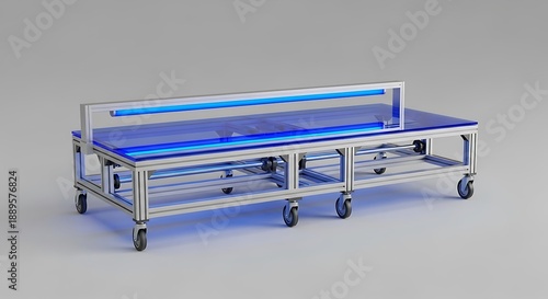 Blue and silver wheeled table with transparent and blue light accents