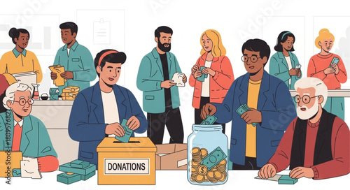 Diverse Group of People Donating Money to Charity.