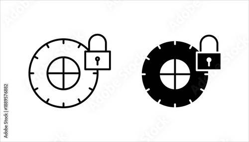 Target with padlock icon in outline style representing security, protection, data safety, access control, and cybersecurity concepts.