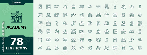 Academy icon set. Outline icons in linear style. Study simple icon set. Pictograms of education, graduation, learning, student, university, knowledge and more.