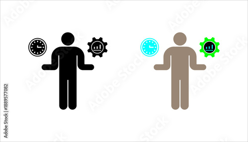 Person with clock and gear chart icons in outline style representing time management, productivity balance, performance tracking, and work efficiency.