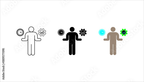Person with clock and gear chart icons in outline style representing time management, productivity balance, performance tracking, and work efficiency.