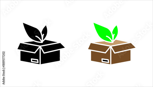 Outline icon of a box with leaves growing out, representing eco-friendly product, sustainable packaging, organic goods, and green business.