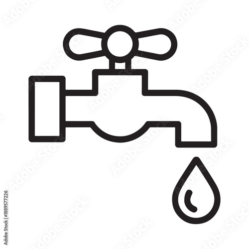 Simple black and white illustration of a water faucet with a single drop