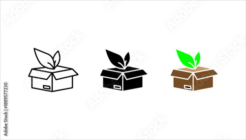 Outline icon of a box with leaves growing out, representing eco-friendly product, sustainable packaging, organic goods, and green business.