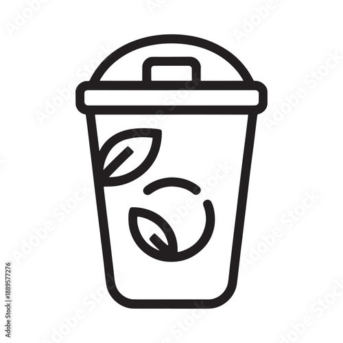 Simple black and white illustration of a trash can with plant waste