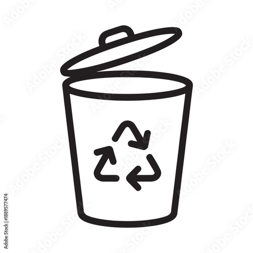 Simple black and white illustration of an open recycling bin with a lid