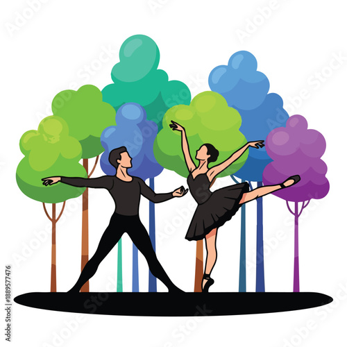 A ballet dancer and partner pose in front of colorful trees
