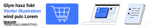 E-commerce, online shopping, digital platforms, technology, user interface design, business documentation. Shopping cart icon, laptop screen with interface and paper document. E-commerce and online